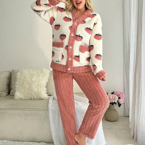 Multicolor Preppy Womens Contrast Trim Button Front PJ Set - Picture 5 of 6